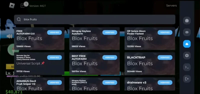 Delta Executor script hub showing a searchable list of verified Blox Fruits scripts with view counts